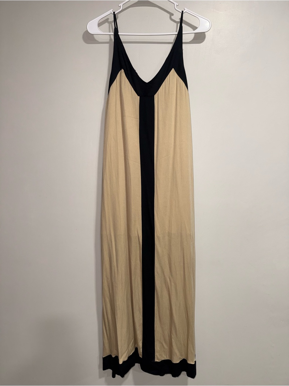 Two-Tone Beige and Black Maxi Slip Dress with Spaghetti Straps